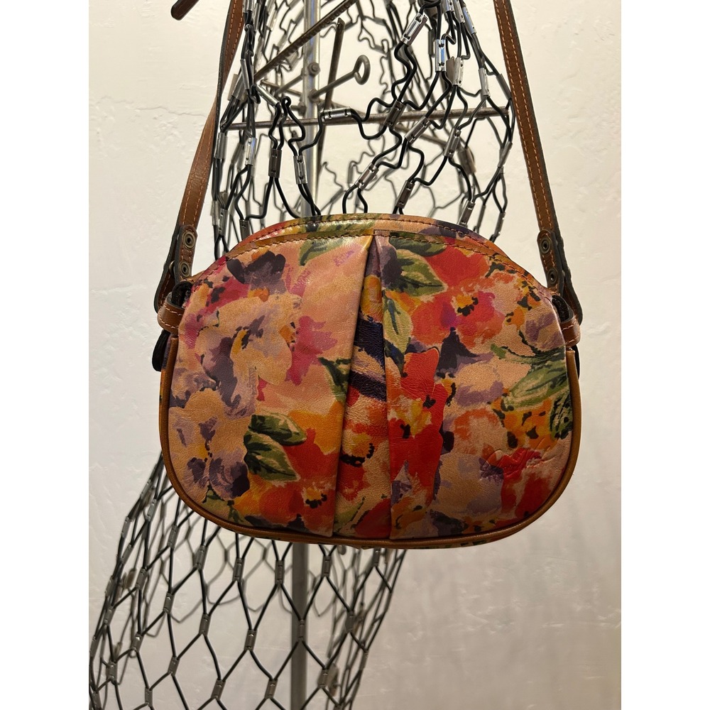 Patricia Nash Floral Leather Crossbody Bag Multi Color Dome Purse Tan Trim